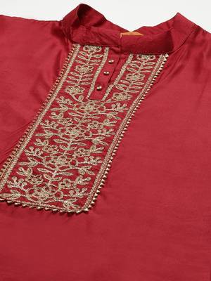 Indo Era Red Embroidered Straight Kurta Trouser With Dupatta Set 5
