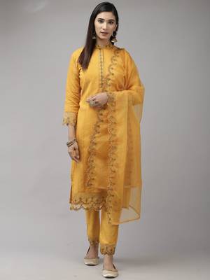 Indo Era Yellow Embroidered Straight Kurta Trouser With Dupatta Set 1
