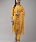 Indo Era Yellow Embroidered Straight Kurta Trouser With Dupatta Set