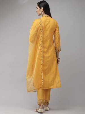 Indo Era Yellow Embroidered Straight Kurta Trouser With Dupatta Set 2