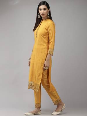 Indo Era Yellow Embroidered Straight Kurta Trouser With Dupatta Set 3