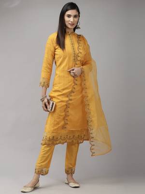 Indo Era Yellow Embroidered Straight Kurta Trouser With Dupatta Set 4