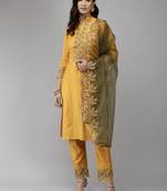 Indo Era Yellow Embroidered Straight Kurta Trouser With Dupatta Set
