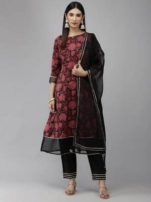 Indo Era Black Floral Printed A-line Kurta Trouser With Dupatta Set 1