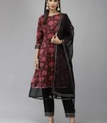 Indo Era Black Floral Printed A-line Kurta Trouser With Dupatta Set