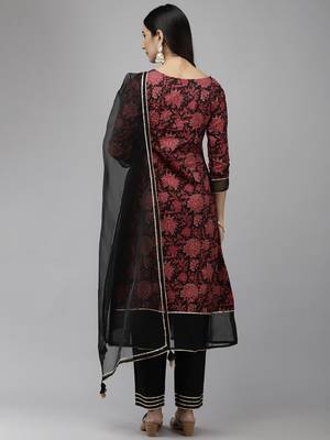 Indo Era Black Floral Printed A-line Kurta Trouser With Dupatta Set 2