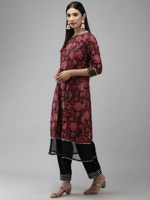 Indo Era Black Floral Printed A-line Kurta Trouser With Dupatta Set 3