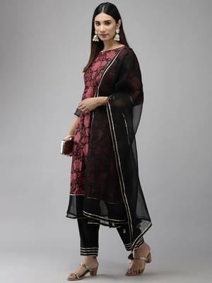 Indo Era Black Floral Printed A-line Kurta Trouser With Dupatta Set 4