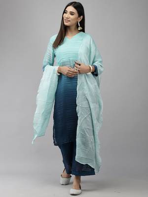 Indo Era Blue Straight Kurta Palazzo With Dupatta Set 1