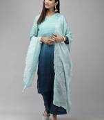 Indo Era Blue Straight Kurta Palazzo With Dupatta Set