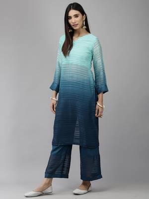 Indo Era Blue Straight Kurta Palazzo With Dupatta Set 3