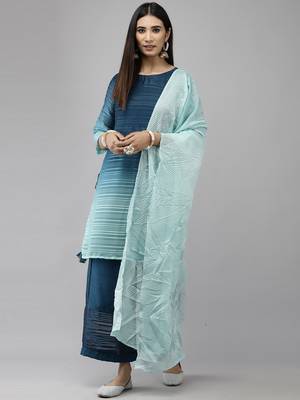 Indo Era Blue Straight Kurta Palazzo With Dupatta Set 1