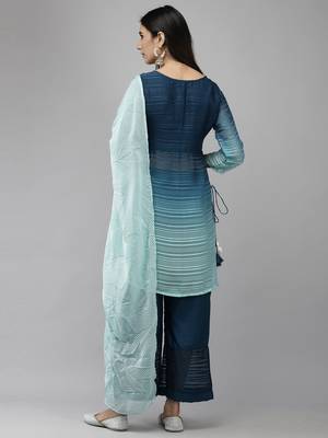Indo Era Blue Straight Kurta Palazzo With Dupatta Set 2