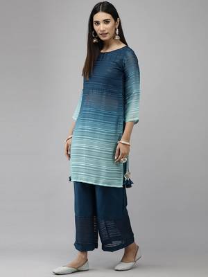 Indo Era Blue Straight Kurta Palazzo With Dupatta Set 3