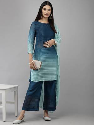 Indo Era Blue Straight Kurta Palazzo With Dupatta Set 4