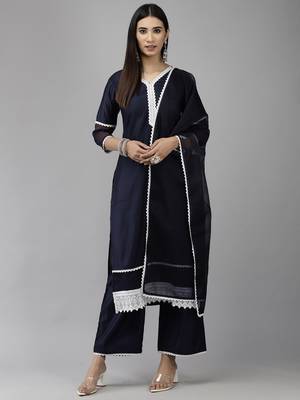 Indo Era Blue Straight Kurta Palazzo With Dupatta Set 1