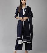 Indo Era Blue Straight Kurta Palazzo With Dupatta Set