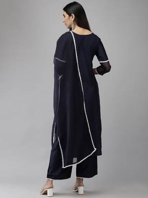 Indo Era Blue Straight Kurta Palazzo With Dupatta Set 2