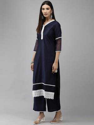 Indo Era Blue Straight Kurta Palazzo With Dupatta Set 3
