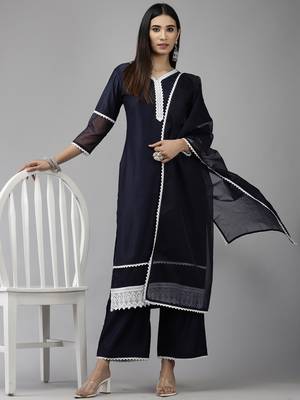 Indo Era Blue Straight Kurta Palazzo With Dupatta Set 4