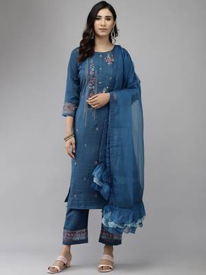 Indo Era Blue Embroidered Straight Kurta Trouser With Dupatta Set 1