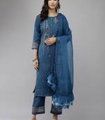 Indo Era Blue Embroidered Straight Kurta Trouser With Dupatta Set