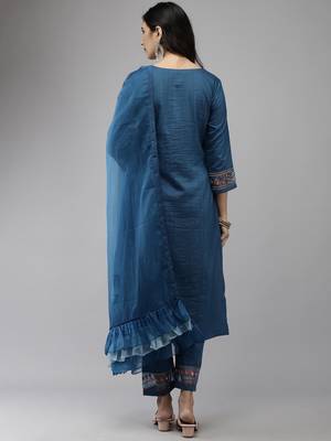 Indo Era Blue Embroidered Straight Kurta Trouser With Dupatta Set 2
