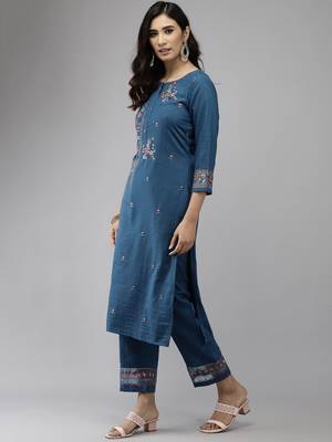 Indo Era Blue Embroidered Straight Kurta Trouser With Dupatta Set 3