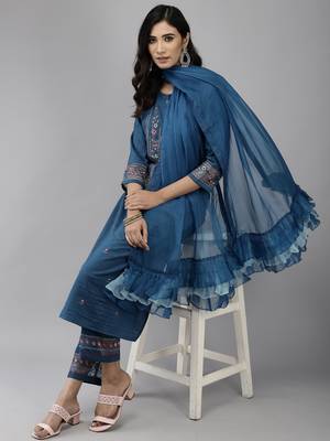 Indo Era Blue Embroidered Straight Kurta Trouser With Dupatta Set 4