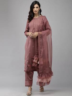 Indo Era Mauve Embroidered Straight Kurta Trouser With Dupatta Set 1
