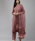 Indo Era Mauve Embroidered Straight Kurta Trouser With Dupatta Set