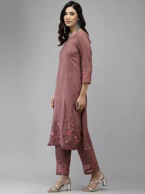Indo Era Mauve Embroidered Straight Kurta Trouser With Dupatta Set 3