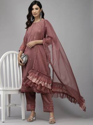 Indo Era Mauve Embroidered Straight Kurta Trouser With Dupatta Set 4