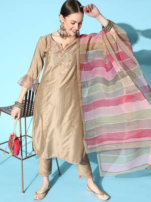 Indo Era Rust Embroidered Straight Kurta Trouser With Dupatta Set 1