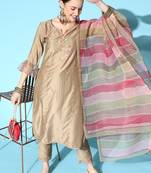 Indo Era Rust Embroidered Straight Kurta Trouser With Dupatta Set