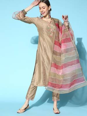 Indo Era Rust Embroidered Straight Kurta Trouser With Dupatta Set 4