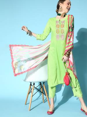 Indo Era Sea Green Embroidered Straight Kurta Trouser With Dupatta Set 1