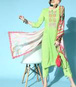 Indo Era Sea Green Embroidered Straight Kurta Trouser With Dupatta Set