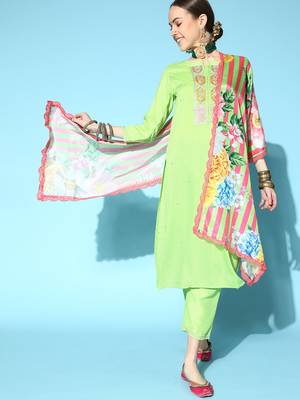 Indo Era Sea Green Embroidered Straight Kurta Trouser With Dupatta Set 4