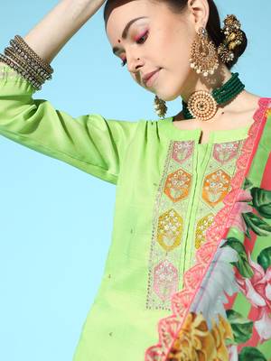 Indo Era Sea Green Embroidered Straight Kurta Trouser With Dupatta Set 5