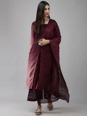Indo Era Wine Solid Straight Kurta Palazzo With Dupatta Set 1