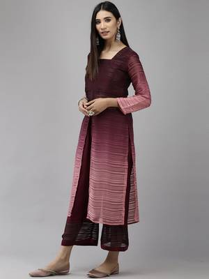 Indo Era Wine Solid Straight Kurta Palazzo With Dupatta Set 3