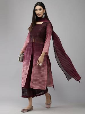 Indo Era Wine Solid Straight Kurta Palazzo With Dupatta Set 4