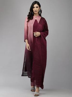 Indo Era Wine Jacket Style Kurta Trouser With Dupatta Set 1