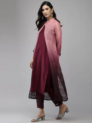 Indo Era Wine Jacket Style Kurta Trouser With Dupatta Set 3