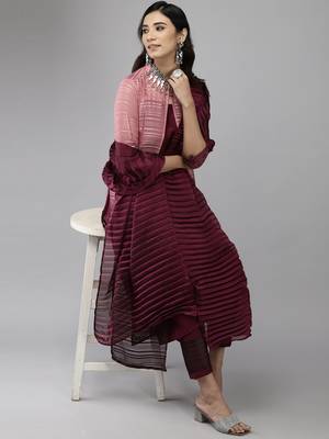 Indo Era Wine Jacket Style Kurta Trouser With Dupatta Set 4