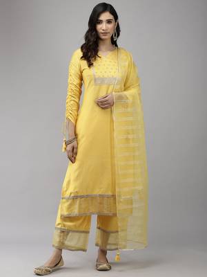 Indo Era Yellow Solid Straight Kurta Palazzo With Dupatta Set 1