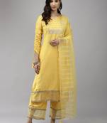 Indo Era Yellow Solid Straight Kurta Palazzo With Dupatta Set