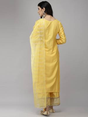 Indo Era Yellow Solid Straight Kurta Palazzo With Dupatta Set 2