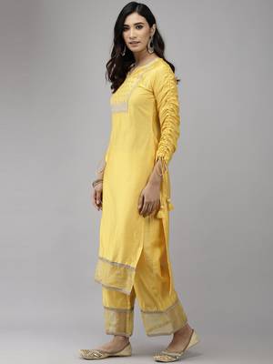 Indo Era Yellow Solid Straight Kurta Palazzo With Dupatta Set 3